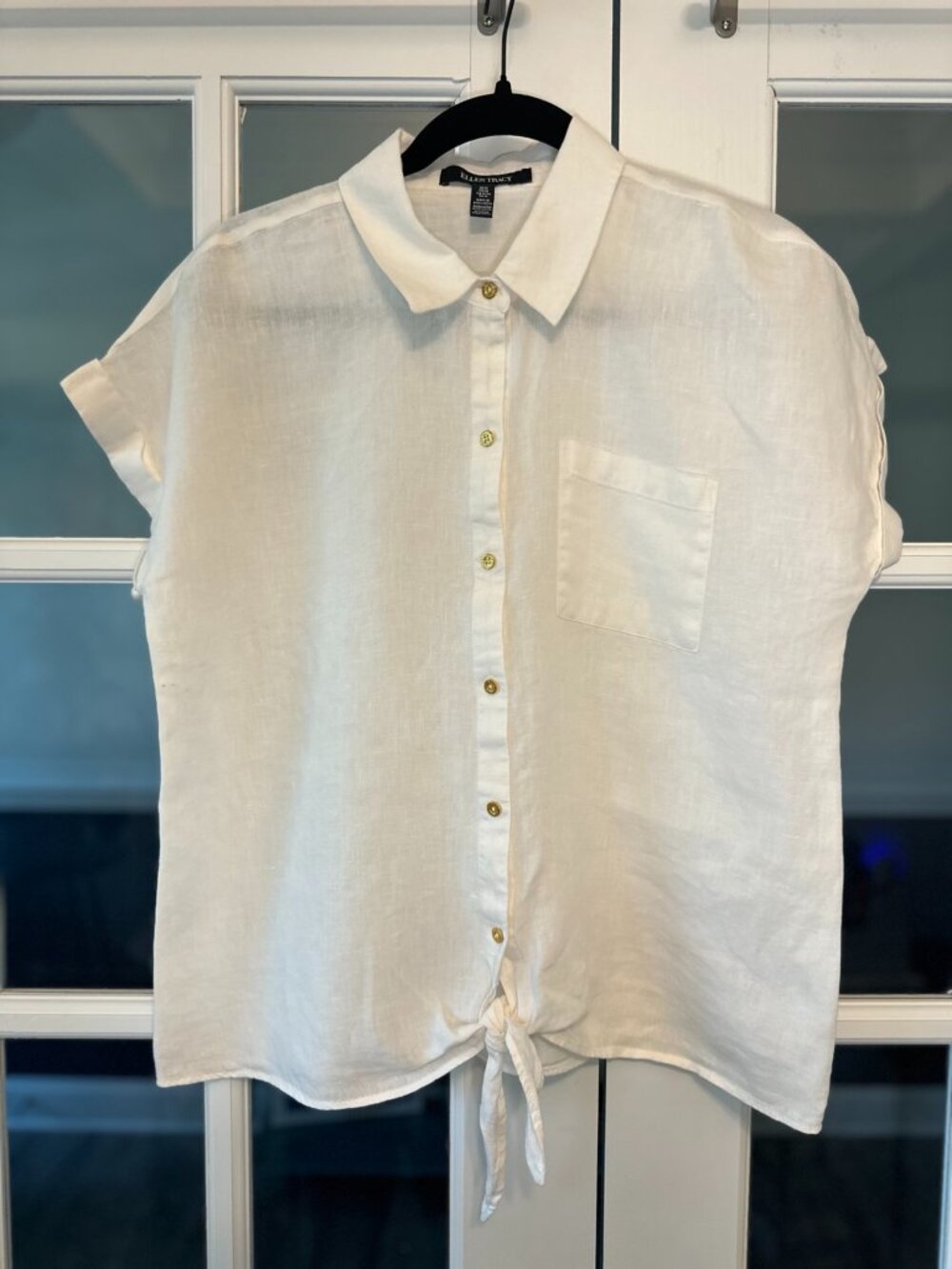 Ellen Tracy 100% Linen White Tie Hem Front Button Blouse M